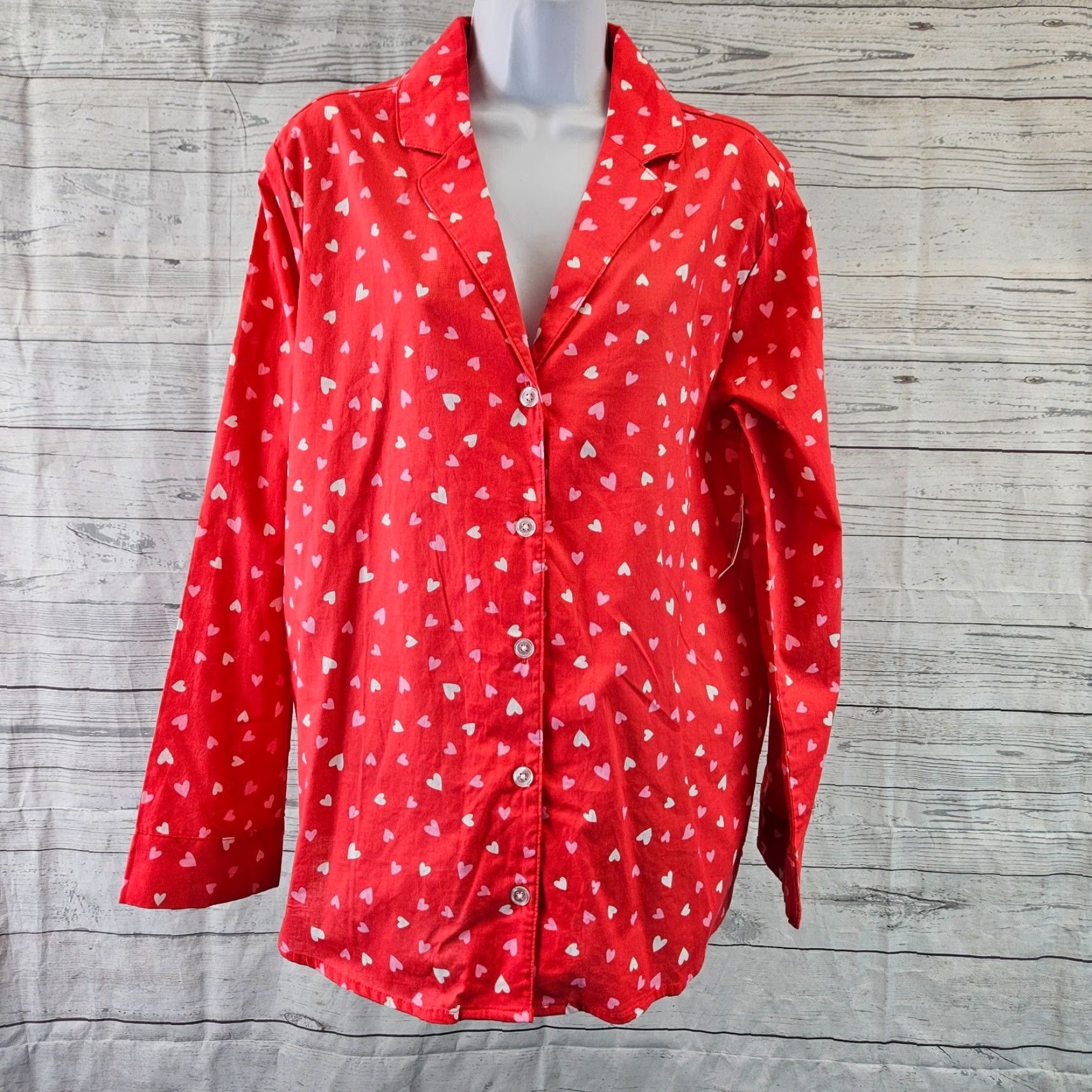Old Navy Old Navy Womens Poplin Pajama Top Sz Large Red Pink Hearts Button Front Cotton Size L / US 10 / IT 46 - 2 Thumbnail