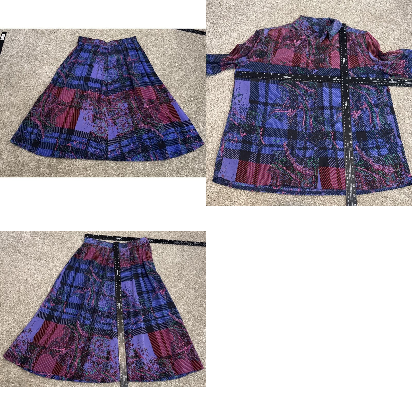 Vintage Vtg 60s Purple Pink Plaid Paisley Button Down Blouse Midi Skirt Homemade Set Size M / US 6-8 / IT 42-44 - 8 Thumbnail