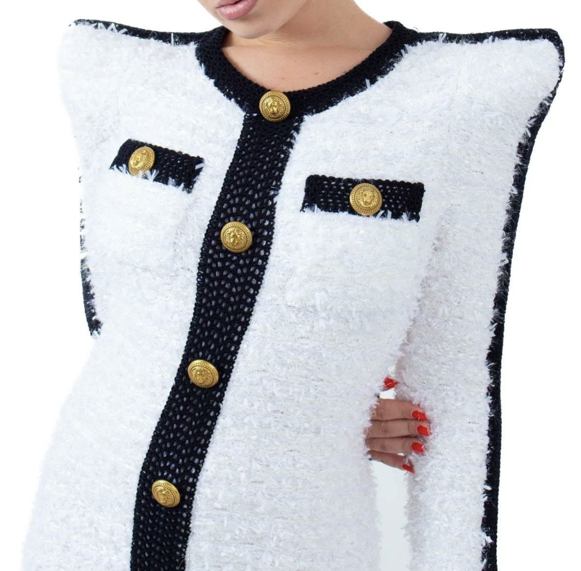 Balmain Balmain Mini Bouclé Dress with Black Trim and Shoulder Pads Size S / US 4 / IT 40 - 6 Thumbnail