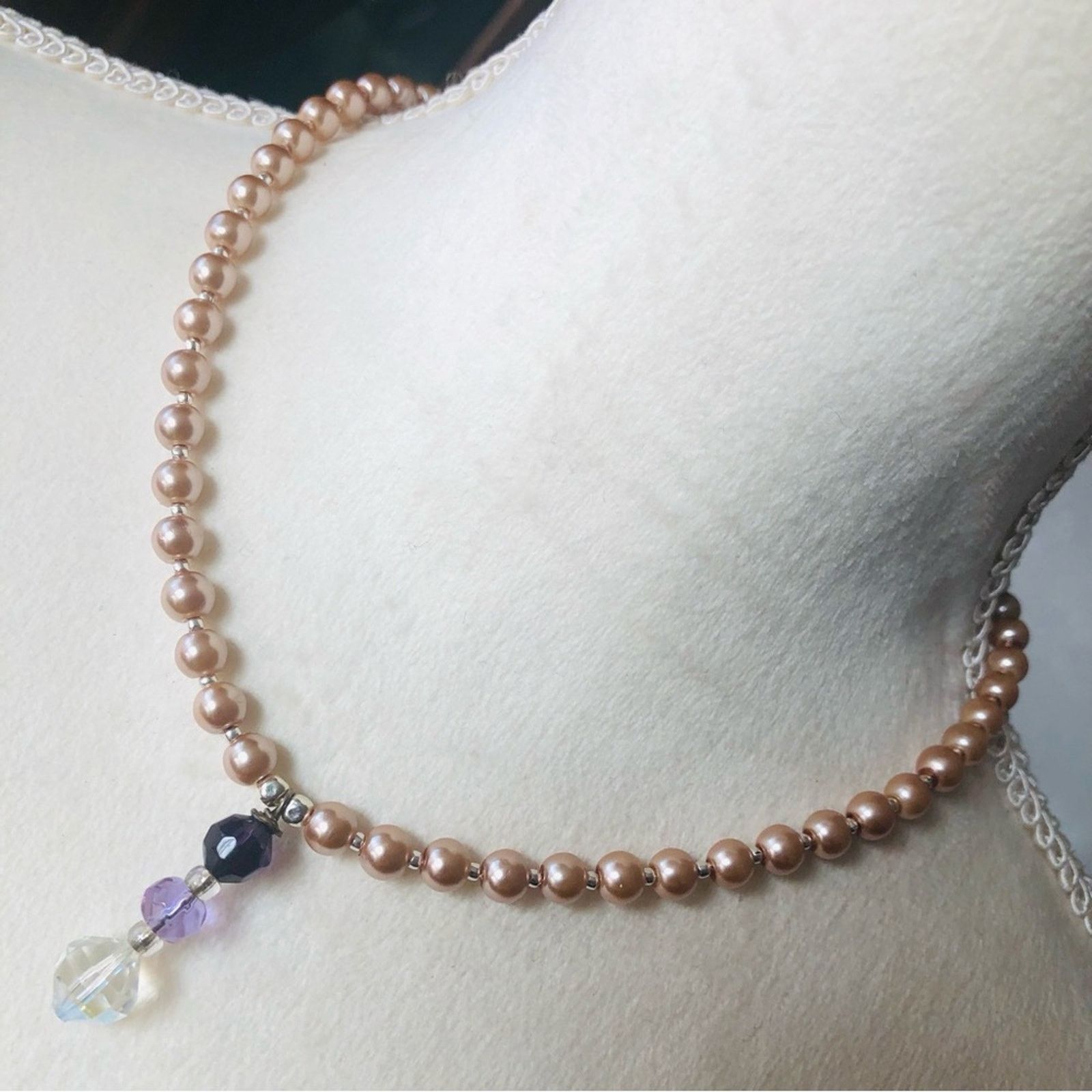Handcrafted repurpose Crystal drop pendant Pearl necklace