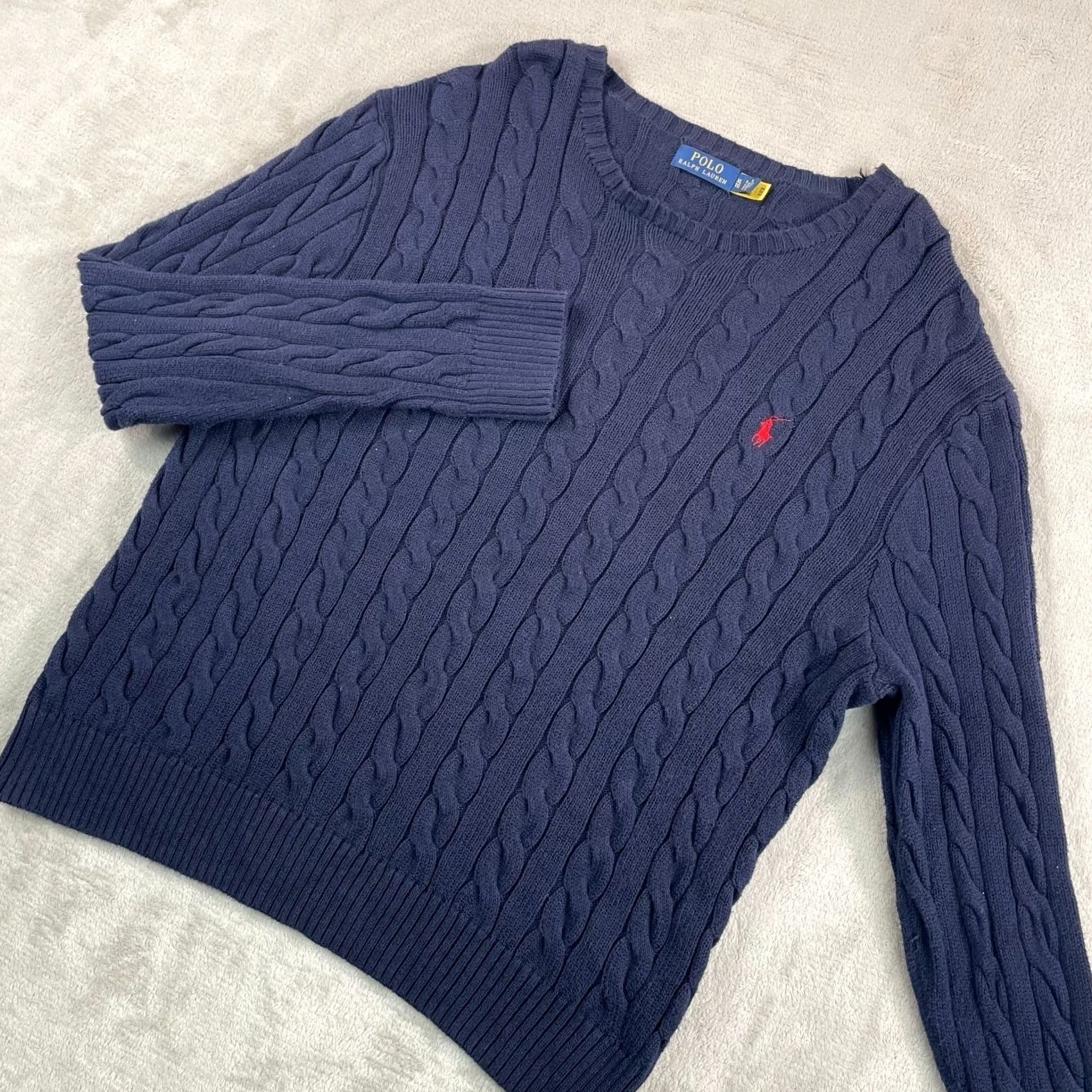 Polo Ralph Lauren VINTAGE Polo Ralph Lauren Crew Sweater Men XL Navy Cable Knit Cotton Red Pony Size US XL / EU 56 / 4 - 5 Thumbnail