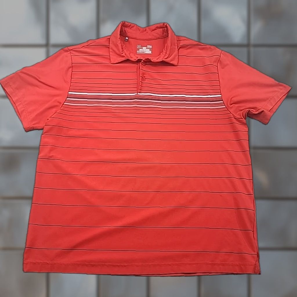 Under Armour Under Armour Polo Shirt Mens Large Short Sleeve ColdBlack HeatGear Orange Striped Polo Shirt Mens L Orange Heatgear Striped Size US L / EU 52-54 / 3 - 1 Thumbnail