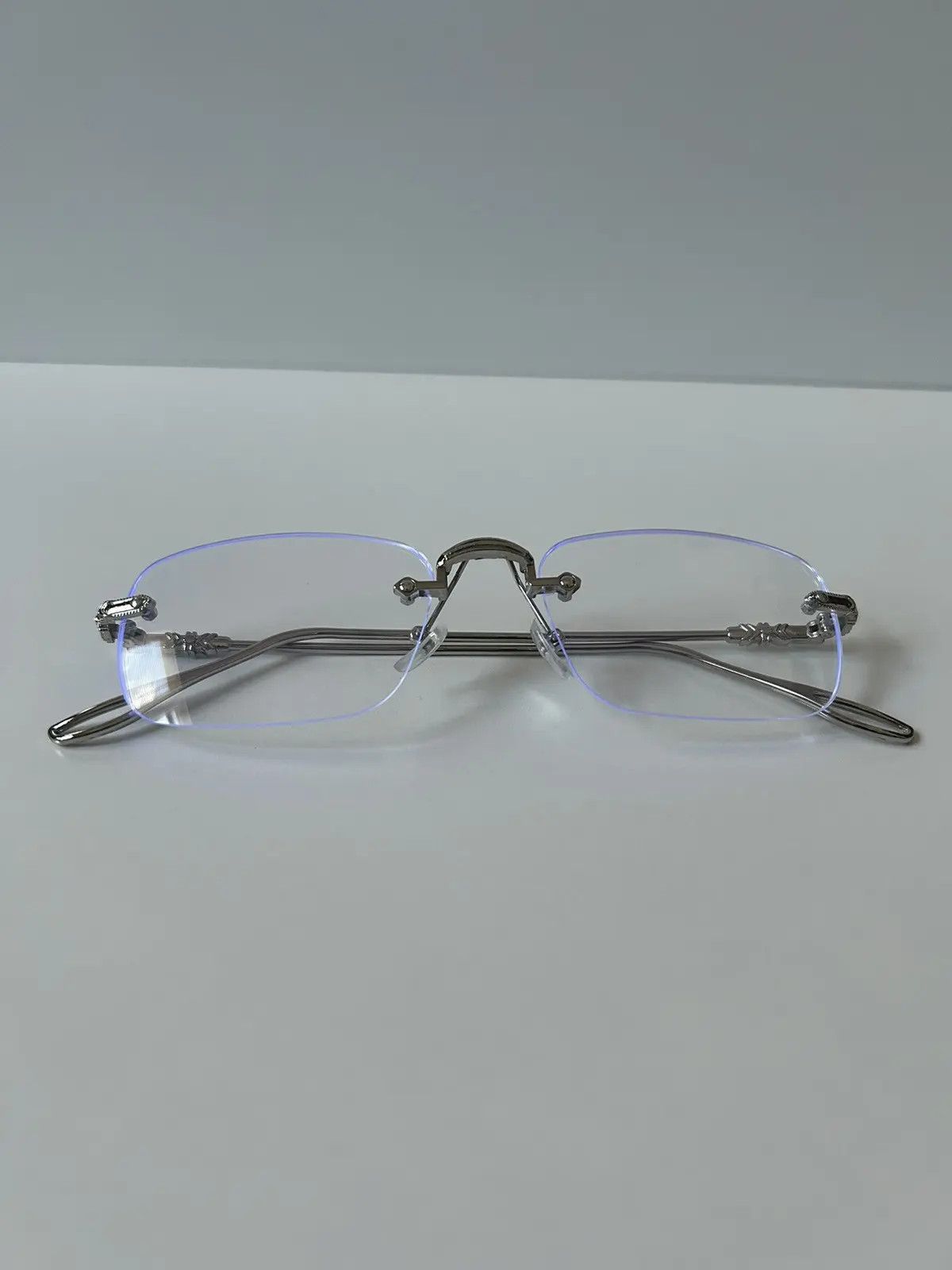 Japanese Brand × Vintage 90s Y2K style silver cross rimless blue tint lux glasses Size ONE SIZE - 8 Thumbnail