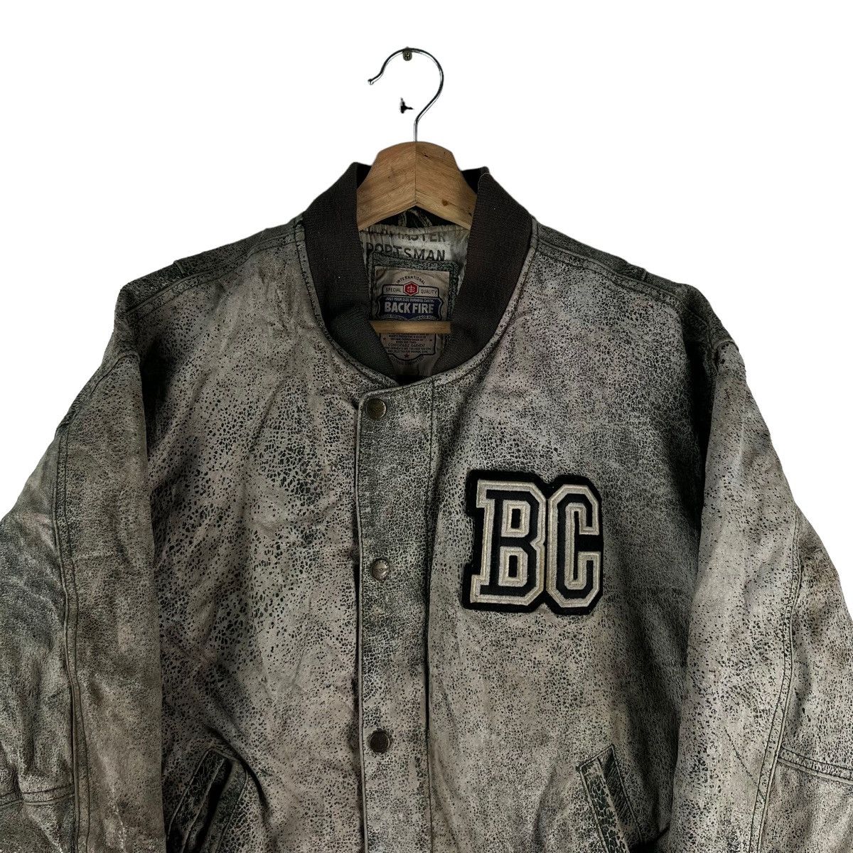 Japanese Brand 🔥VINTAGE BOMBER LEATHER JACKET BACK FIRE OVER PRINT PRINTED Size US L / EU 52-54 / 3 - 4 Thumbnail