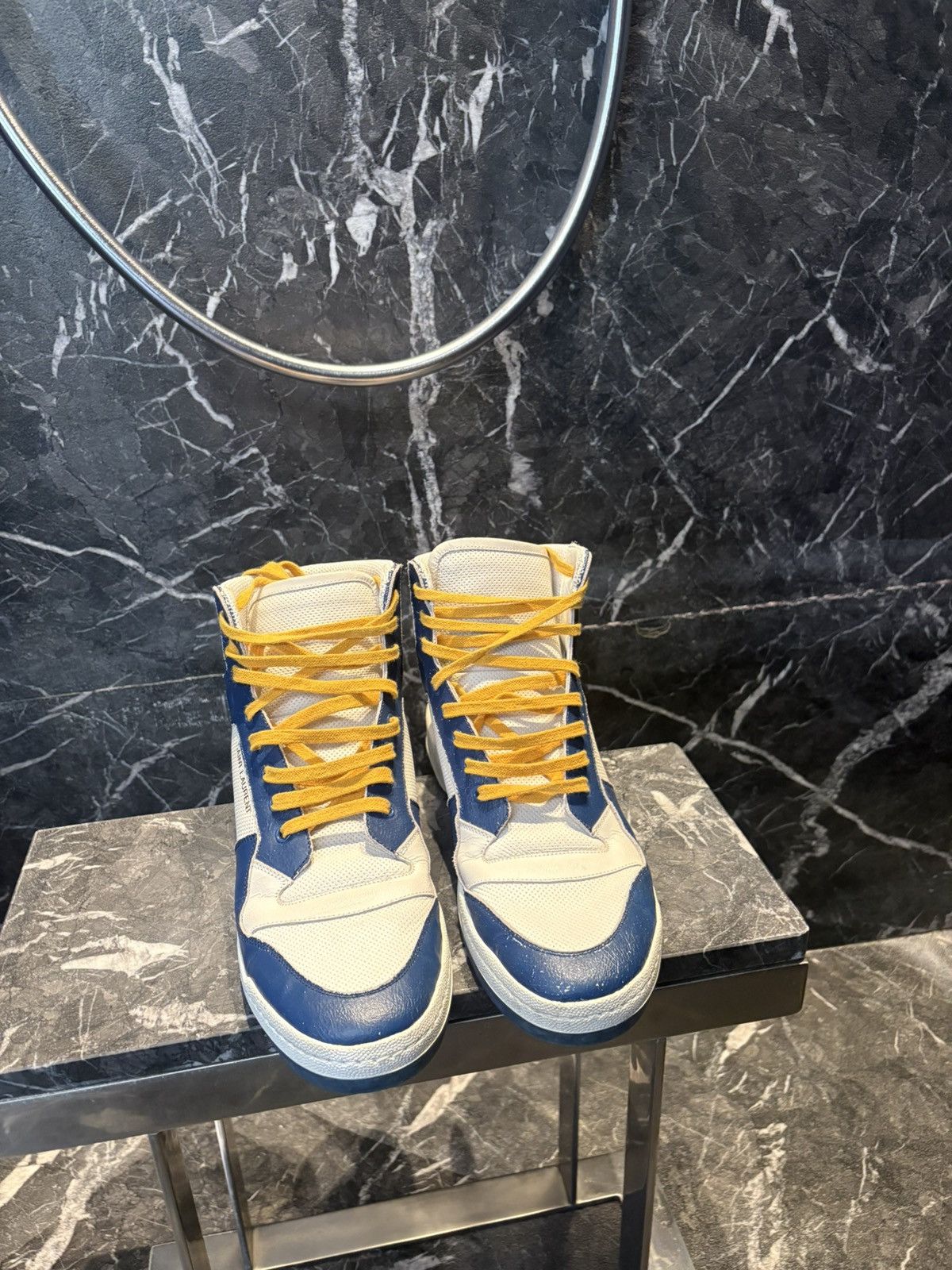 Saint Laurent Paris Saint Laurent Off-White & Blue SL24 High-Top Sneakers Size US 13 / EU 46 - 3 Thumbnail