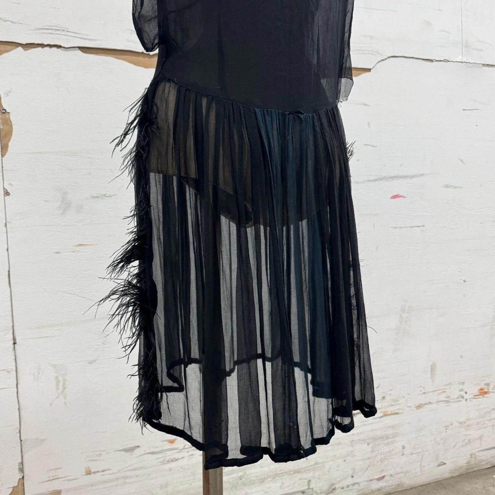 Vintage Antique 20s Black Silk Feather Trim Flapper Dress