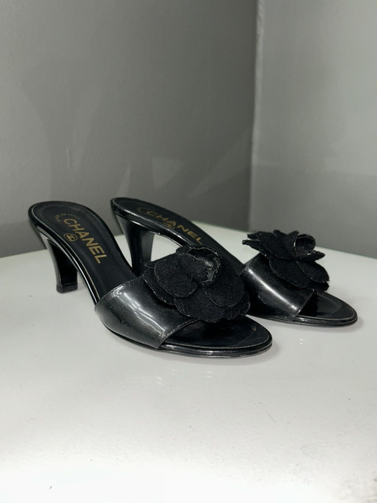 Chanel Chanel Black Camellia Embellished Peep Toe Heels size 34 1/2 Size US 4.5 / IT 34.5 - 5 Thumbnail