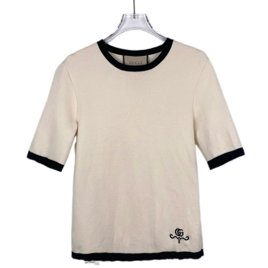 Gucci [Gucci] Embroidered Striped Trim Beige Wool Short-Sleeve Kn Size XS / US 0-2 / IT 36-38 - 1 Thumbnail