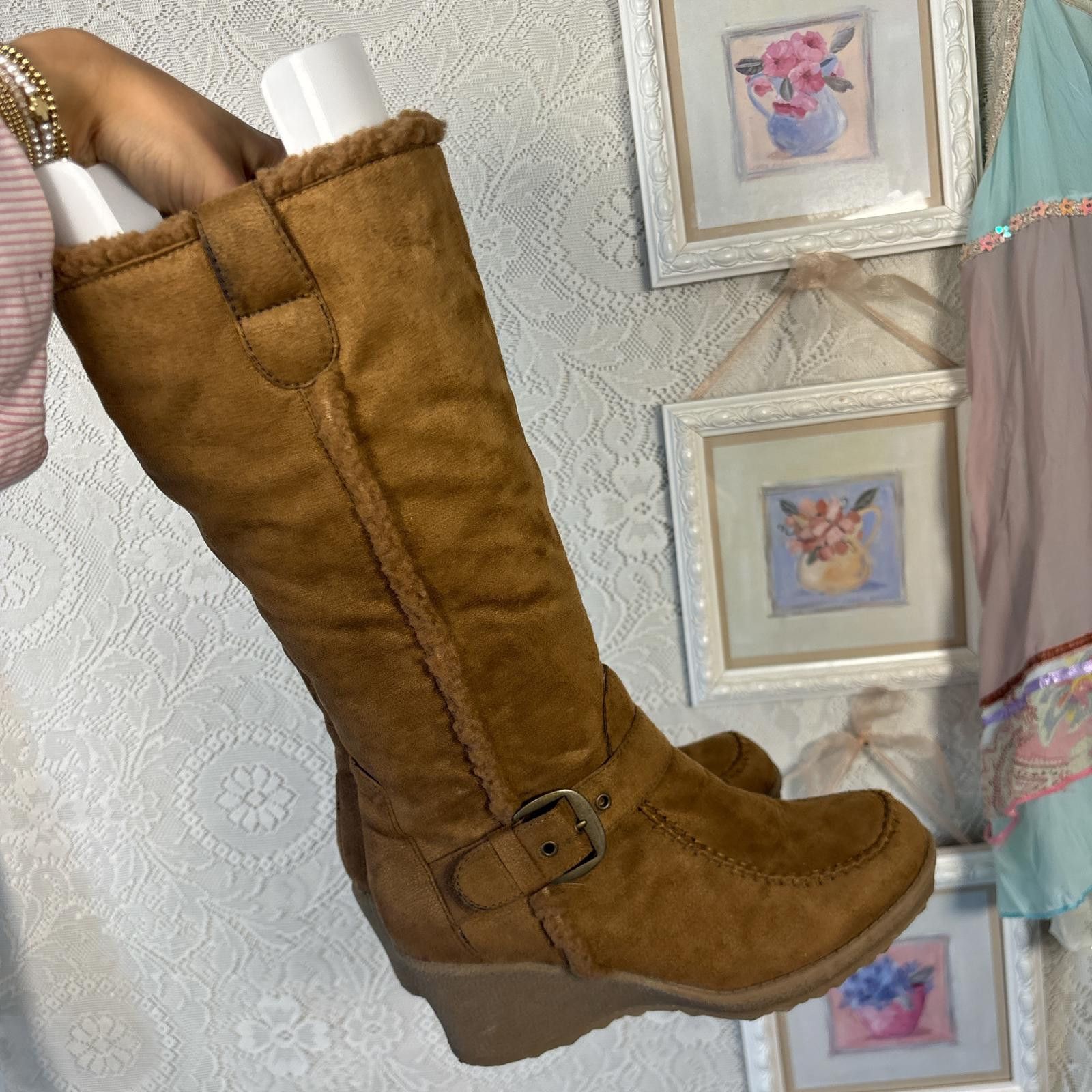 Other y2k fur wedge buckle suede boots Size ONE SIZE - 2 Thumbnail