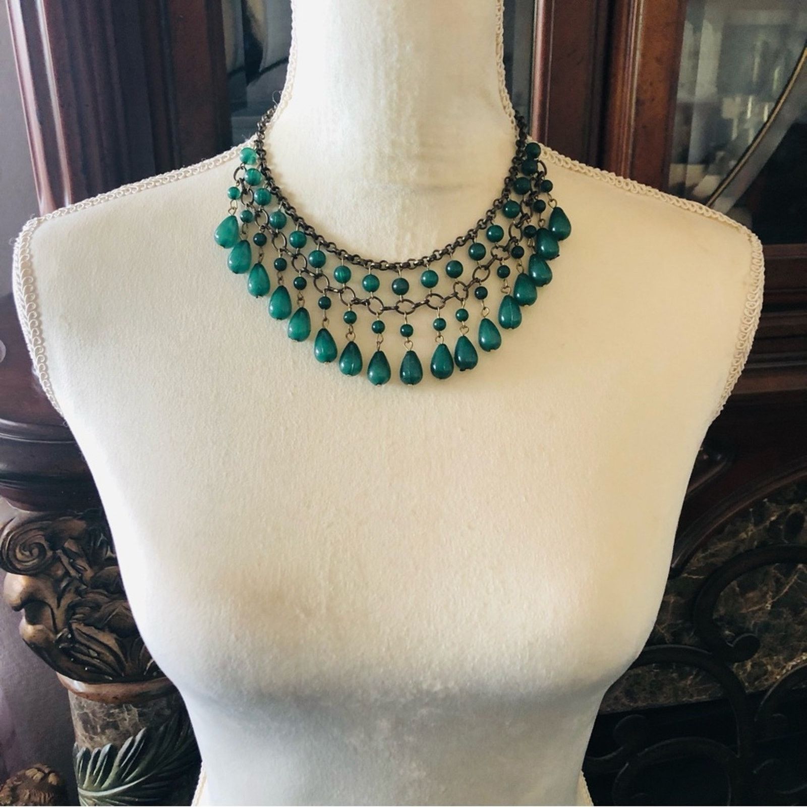 Jewelry Aged brass green beaded fringe bib necklace Size ONE SIZE - 5 Thumbnail