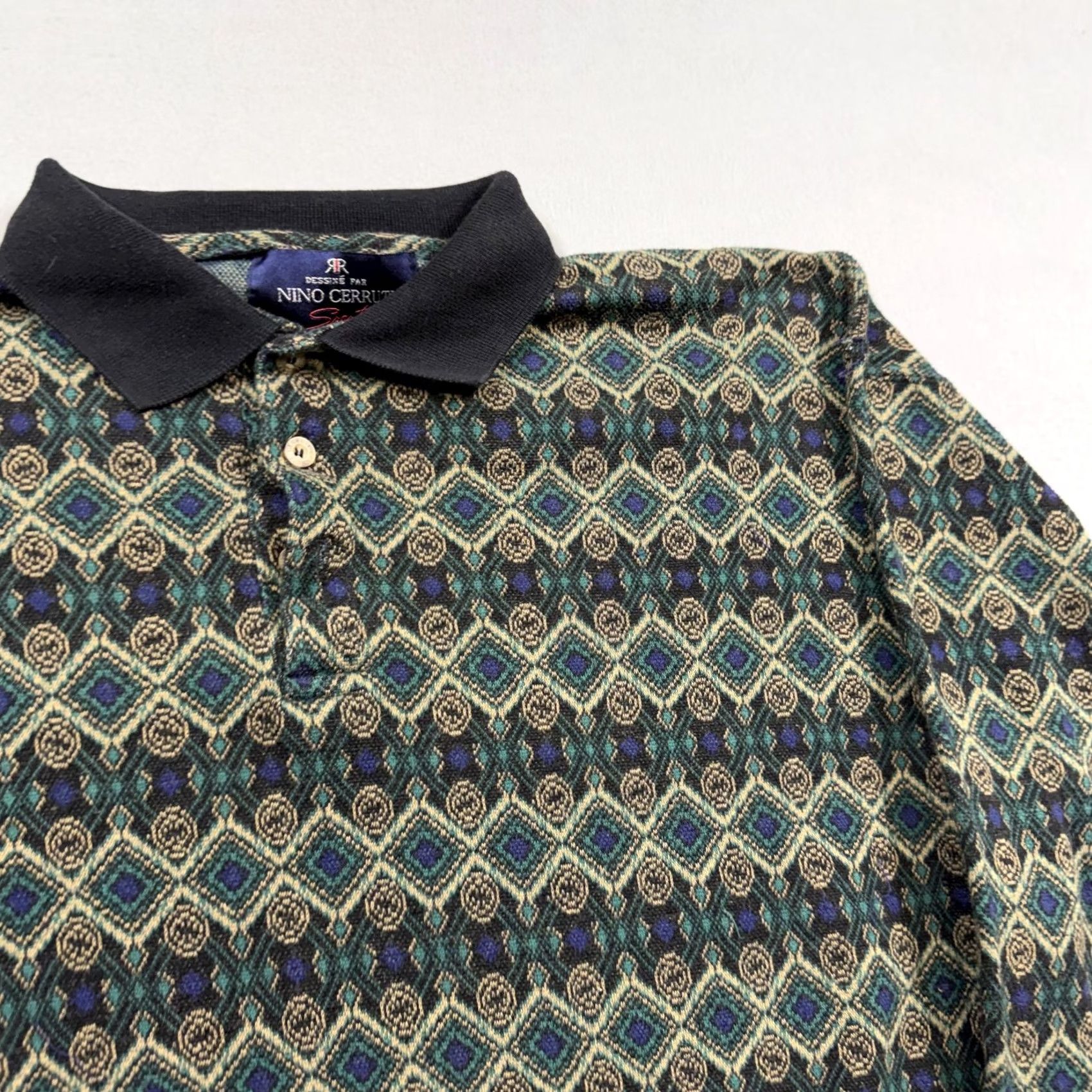 Vintage Nino Cerruti Sport Polo Shirt Mens S Green Geometric Long Sleeve Knit Size US S / EU 44-46 / 1 - 2 Thumbnail