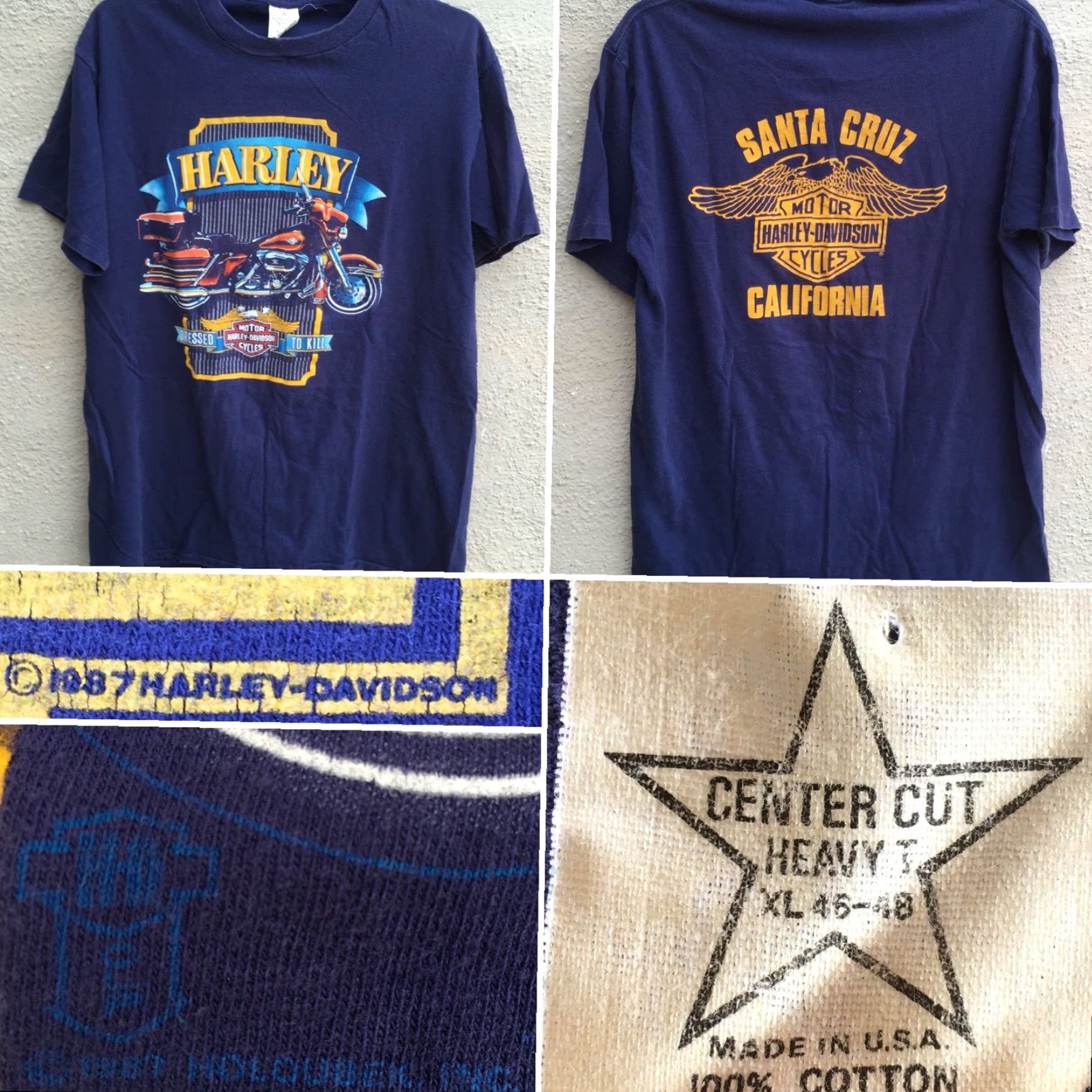 Vintage VINTAGE Harley Davidson Dressed To Kill T-Shirt XL 1987 Blue Men Santa Cruz CA Center Cut Heavy T Graphic Tee Size US XL / EU 56 / 4 - 6 Thumbnail