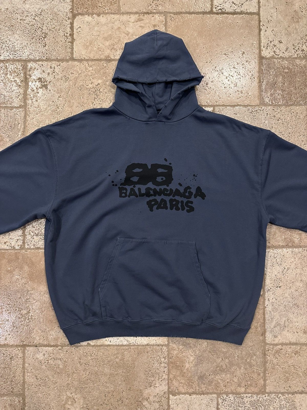 Balenciaga Balenciaga Oversize Spray Bleach Print Logo Dark Blue Hoodie Size US XXS / EU 40 - 3 Thumbnail