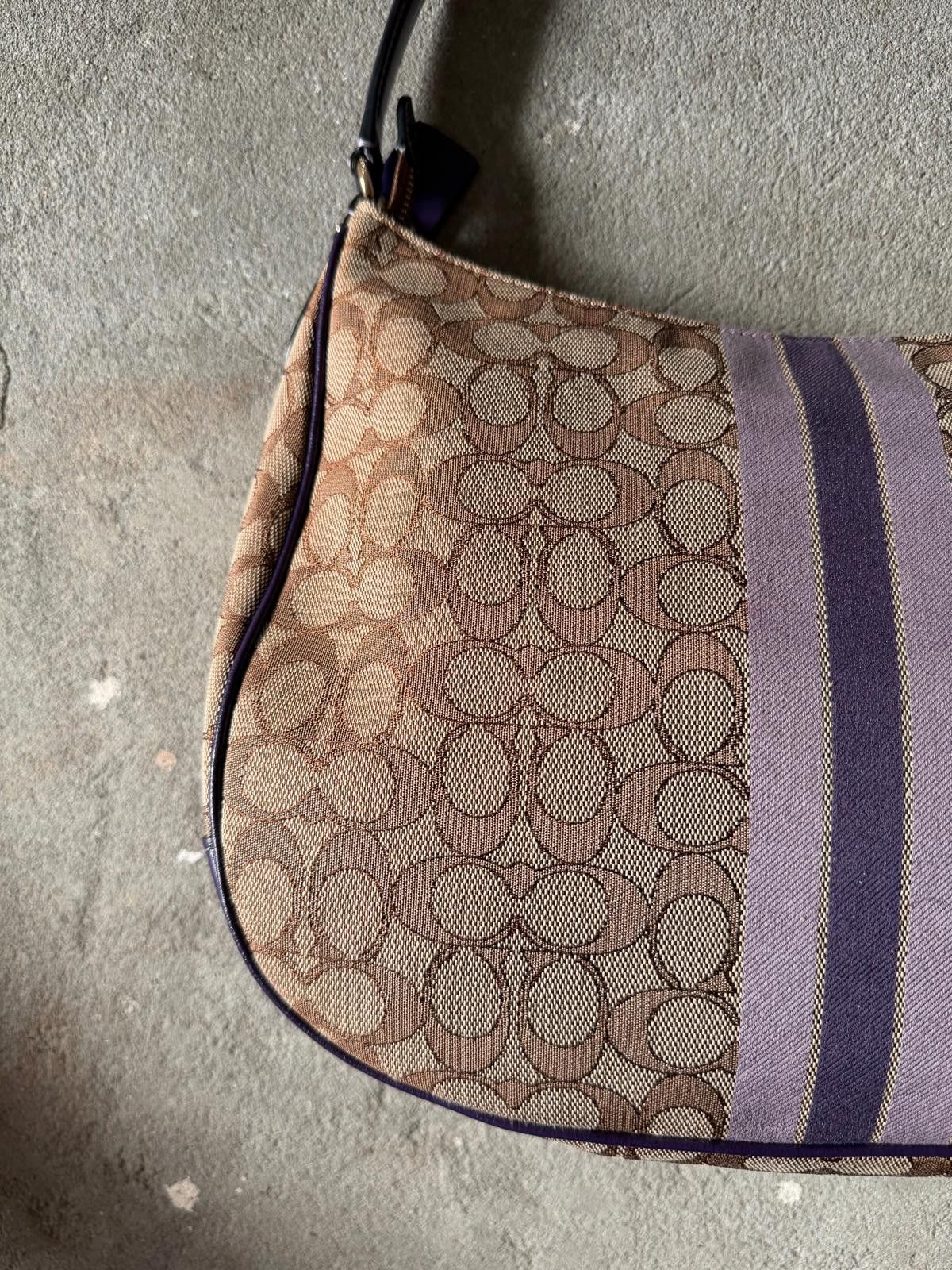 Coach Coach Signature Hobo Stripe Canvas Shoulder Bag Beige/Purple Size ONE SIZE - 7 Thumbnail