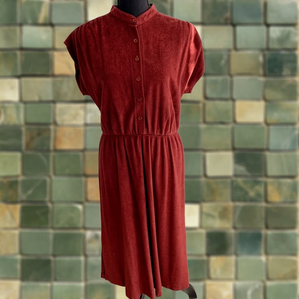 Velour VINTAGE 70s Rust Velour Cap Sleeve Dress Twee Mandarin Collar Fit Flare Sheath M/L Red Womens Size M / US 6-8 / IT 42-44 - 1 Thumbnail