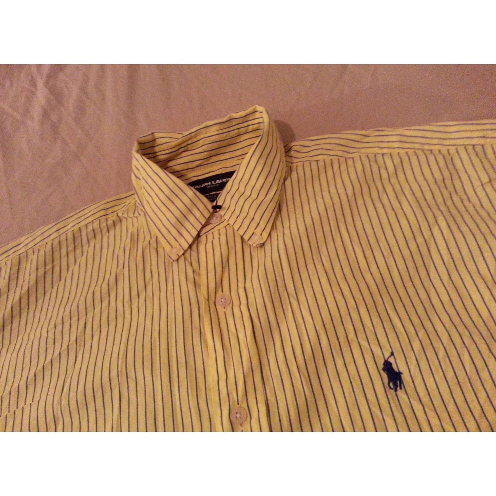 Polo Ralph Lauren Polo Ralph Lauren Shirt Mens Dress Shirt L Large Yellow Stripes Cotton Long Button-Up Size 42R - 3 Thumbnail