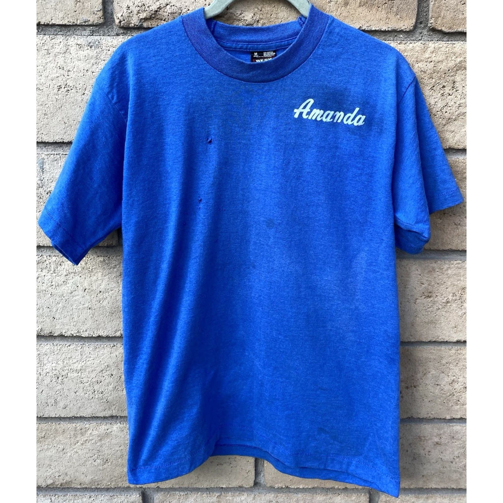 Fruit Of The Loom VINTAGE Amanda Name T Shirt 80S 90S Franco Enterprises Construction Distressed Shirt Men M Blue Size US M / EU 48-50 / 2 - 3 Thumbnail
