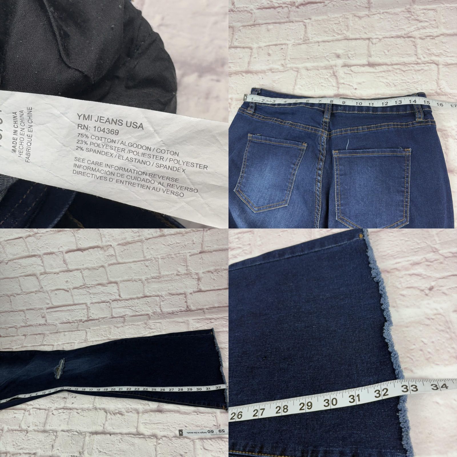 Vintage YMI Jeans Womens Flared Jeans Distressed Knees Raw Hem 13/31 Inseam 33 Blue Denim Stretch Size 34" / US 12 / IT 48 - 8 Thumbnail