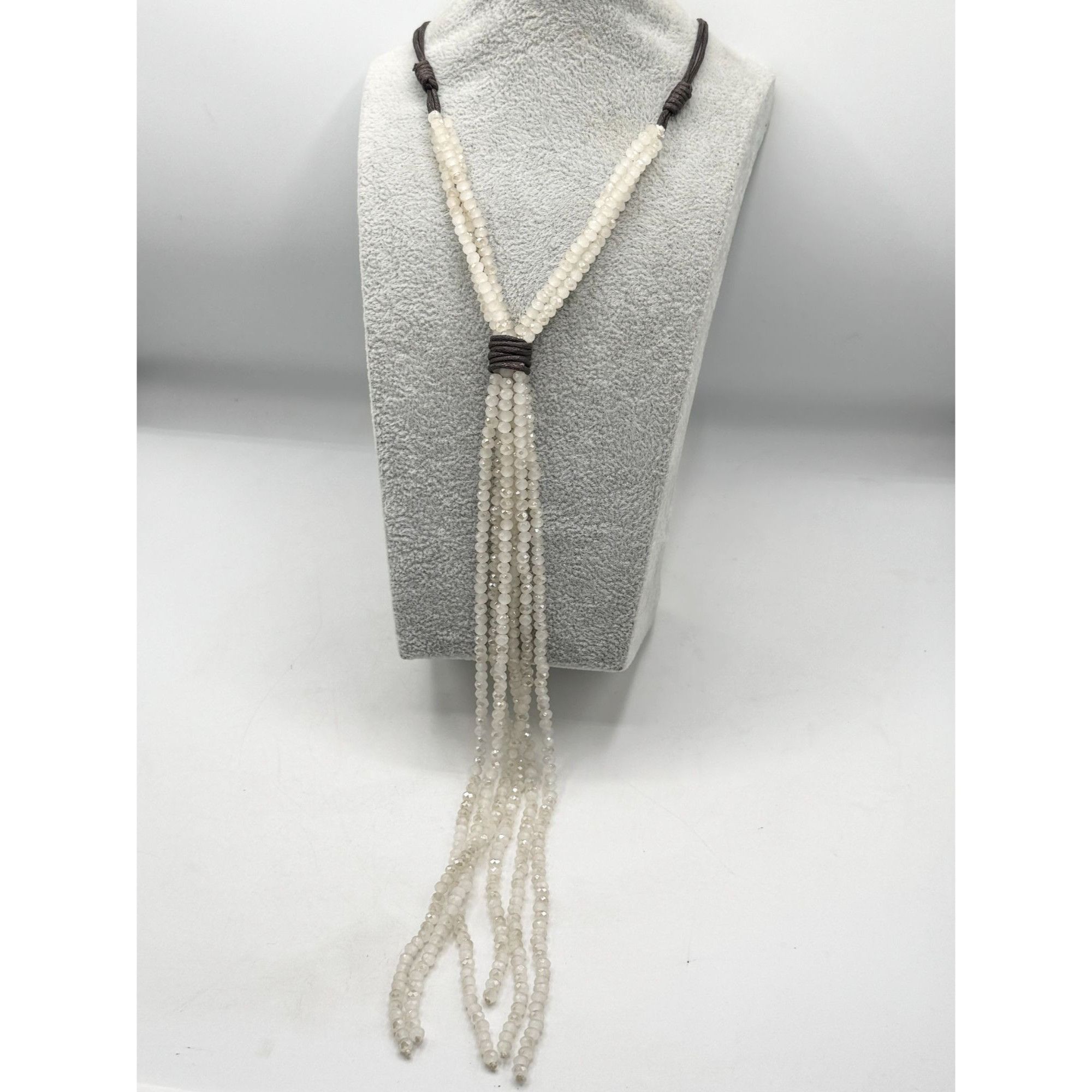 Vintage White Crystal Beaded Tassel Leather Necklace Size ONE SIZE - 4 Thumbnail