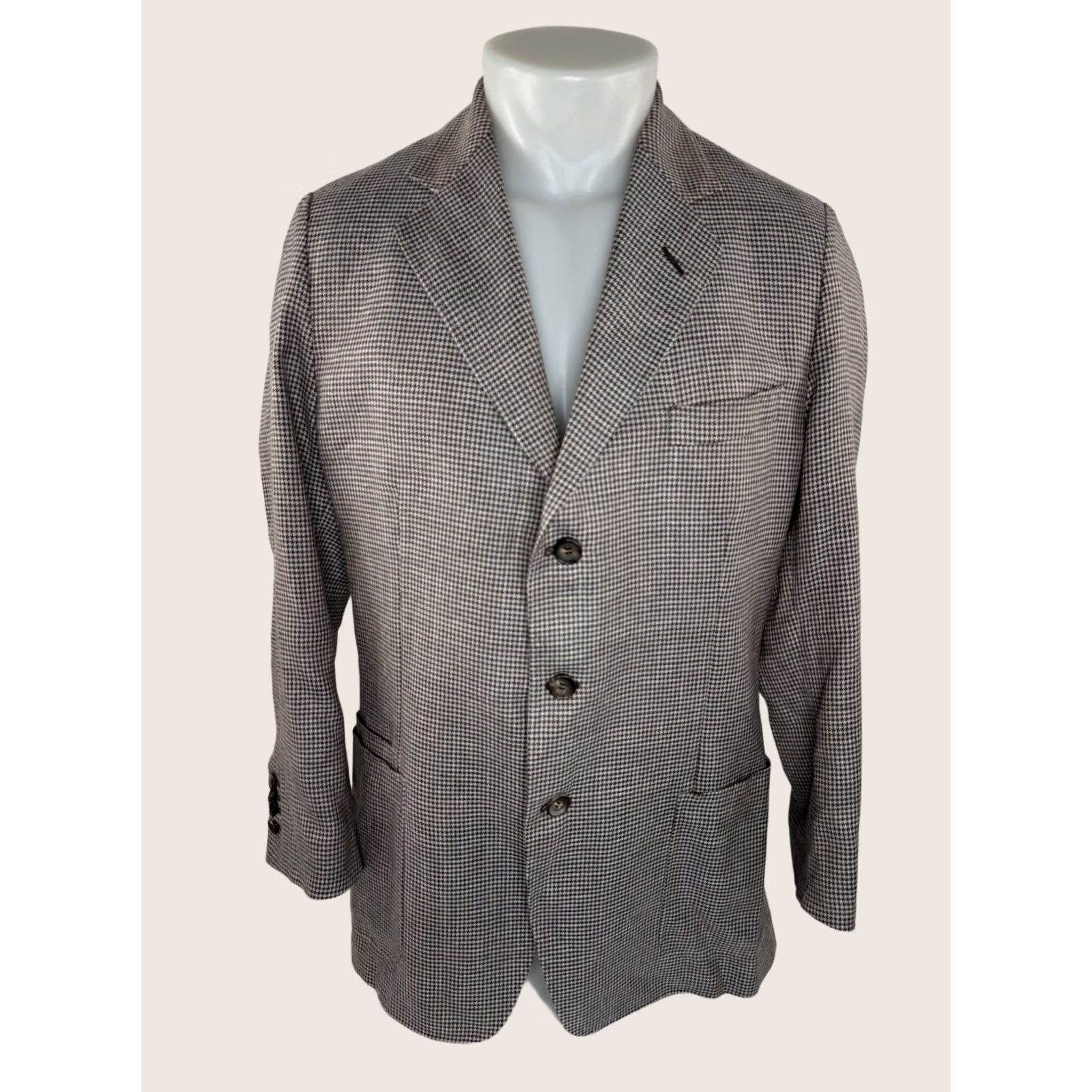 Vintage LUCIANO BARBERA Blazer Jacket / Houndstooth Cashmere Linen Silk US 42 Three-Button Brown Beige Men Blazer Mens Size 42R - 1 Thumbnail