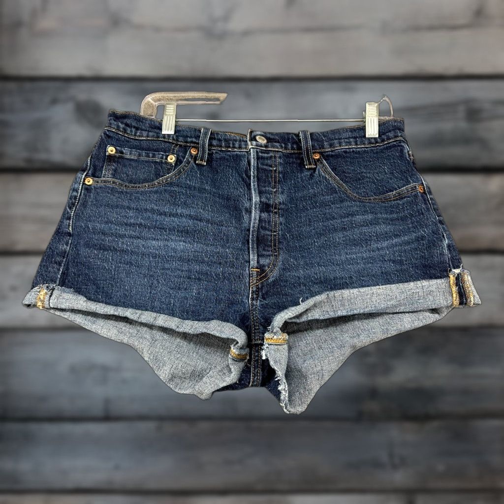 Levi's Levi's 501 Shorts Womens 32 Blue High Rise Button Fly Regular Dark Wash Cut-Off Fringe 5-Pocket Denim Cotton Men? Size 24" / US 00 / IT 34 - 1 Thumbnail