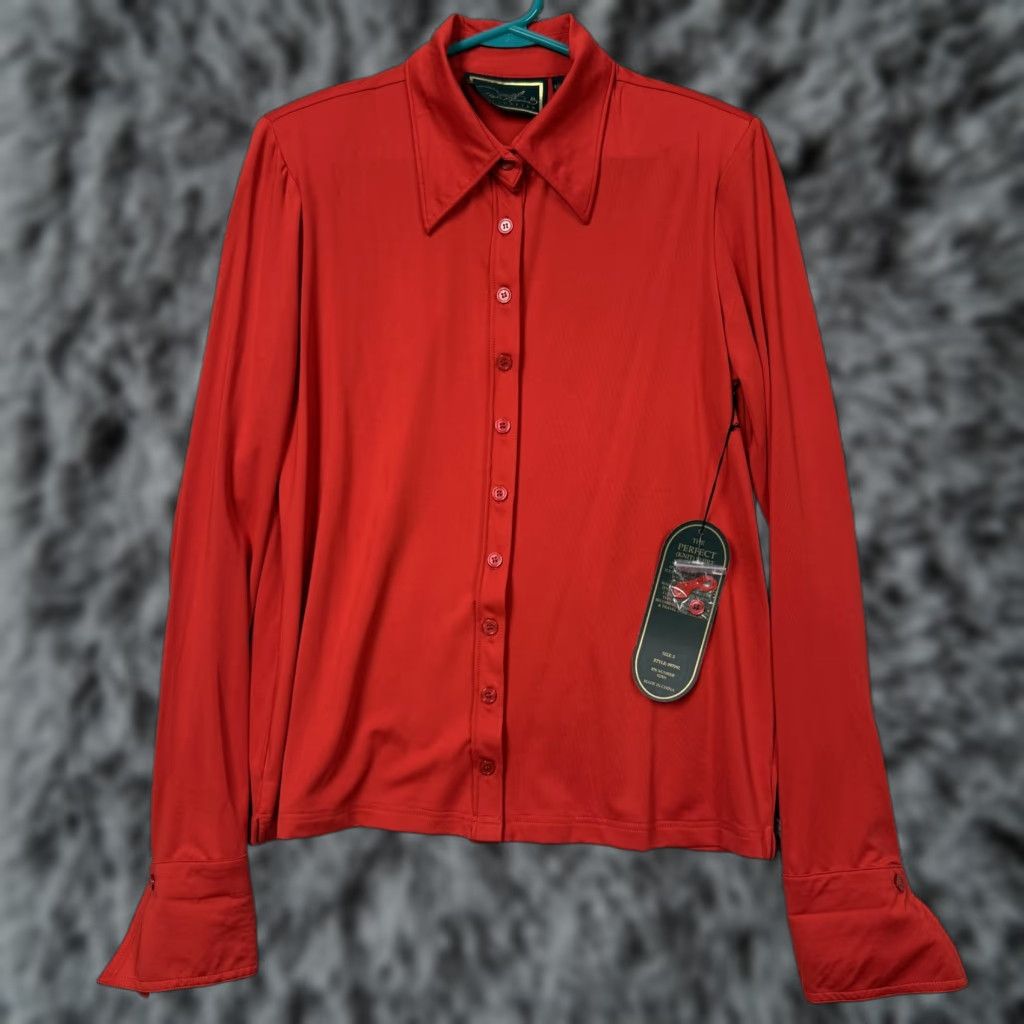 Vintage VINTAGE 90s does 70s Blouse Small Red Perfect Knit Stretch Retro Disco Travel Shirt Womens Slim Button-Up Knit Blouse - The Perfect (Knit) Shirt Size S / US 4 / IT 40 - 1 Thumbnail