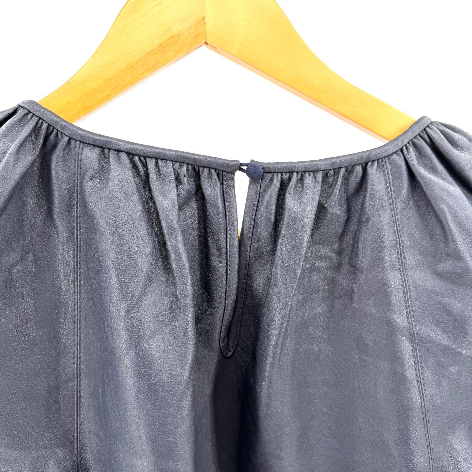 Rebecca Taylor Navy Blue Vegan Leather Silk Lined Puff Sleeve Top Size L / US 10 / IT 46 - 5 Thumbnail