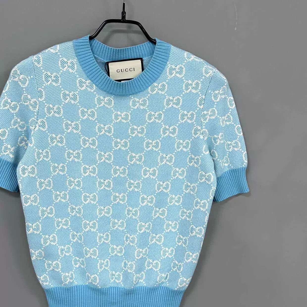 Gucci GUCCI sky blue jacquard all-over print knit short sleeve S Size S / US 4 / IT 40 - 2 Thumbnail
