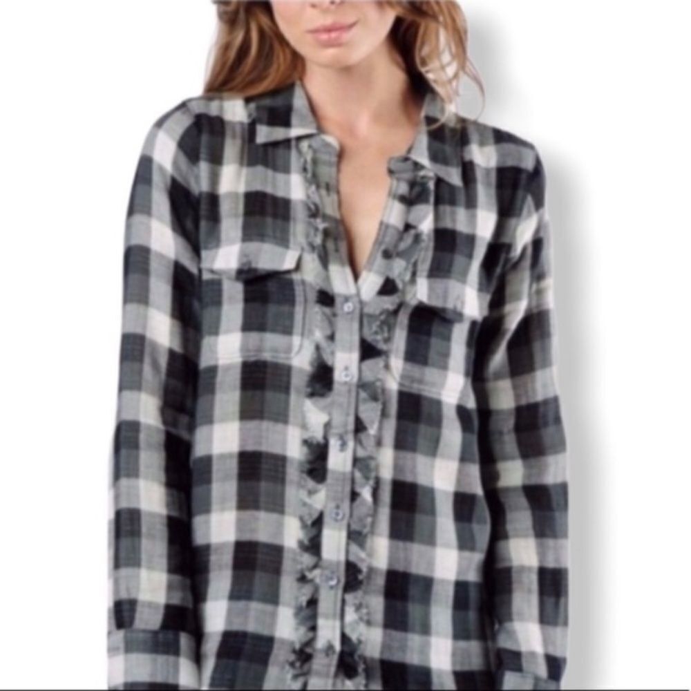 Joie Joie Black White Plaid Flannel Ruffle Button Up Shirt Women’ Size S / US 4 / IT 40 - 2 Thumbnail