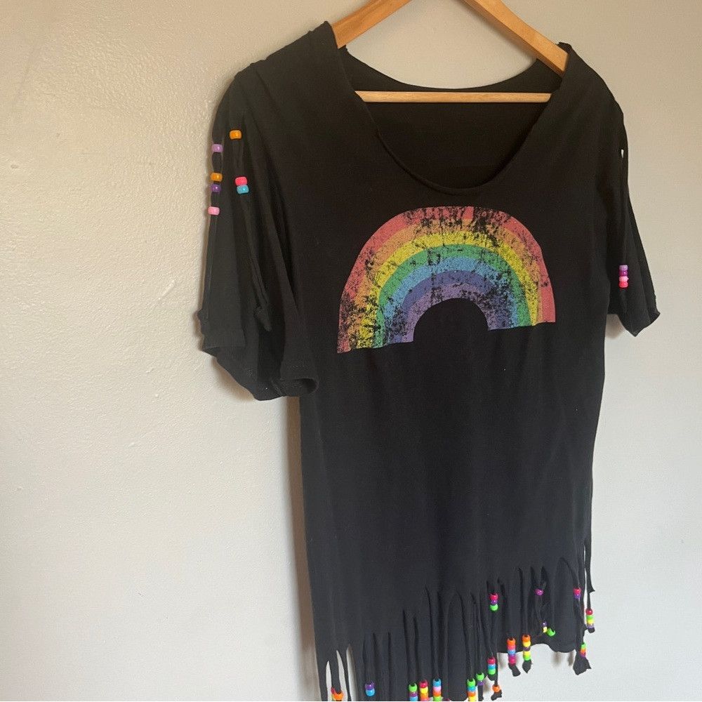 Gildan Women’s Rainbow Raw Hem Boat Neckline Beaded Black Medium Size M / US 6-8 / IT 42-44 - 2 Thumbnail