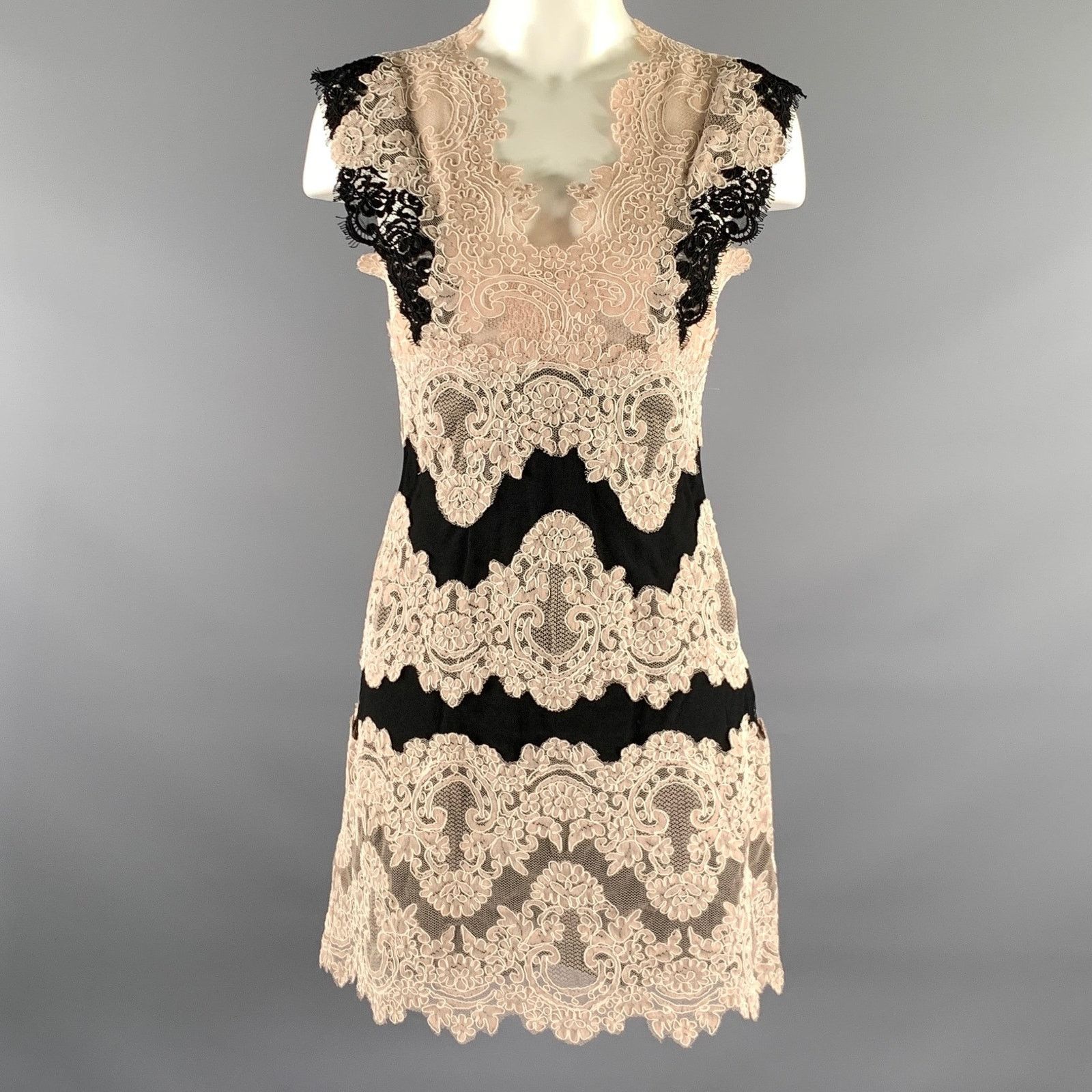 dot lace dress POLKA DOT PRINT TIE NECK LACE TRIM MINI DRESS C / BROWN / M