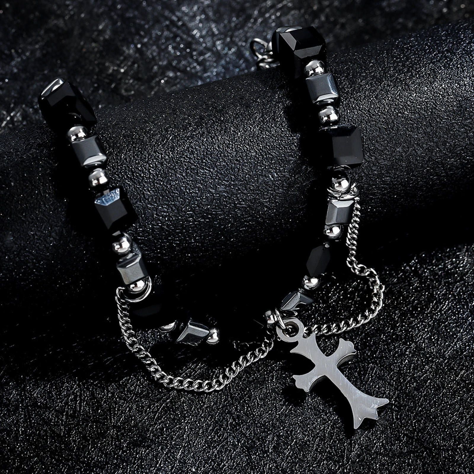 Jewelry Black Beaded Cross Charm Men's Bracelet Size ONE SIZE - 3 Thumbnail
