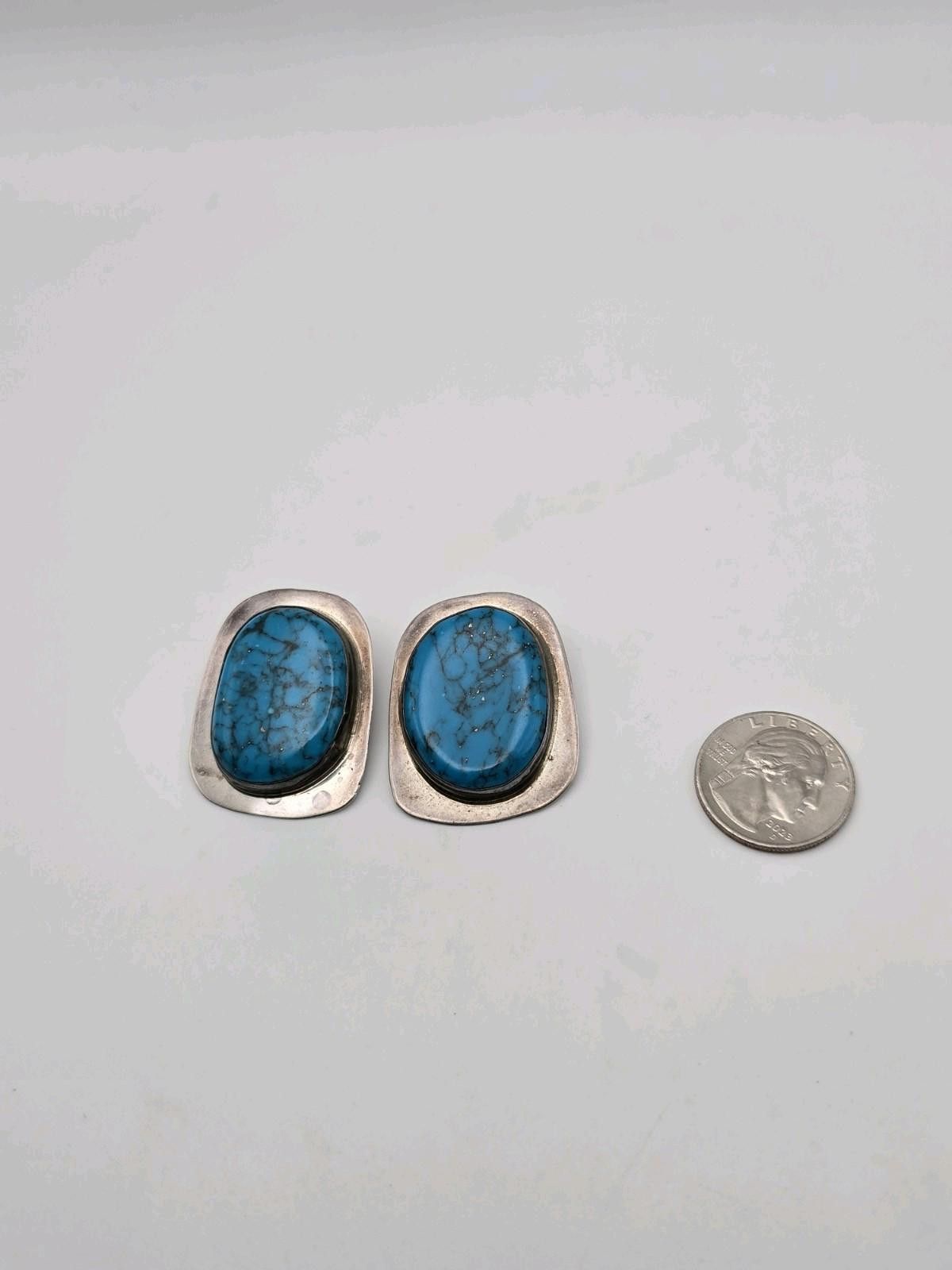 The Unbranded Brand Vintage Sterling Silver Earrings w Large Blue Turquoise Cabs Size ONE SIZE - 2 Thumbnail