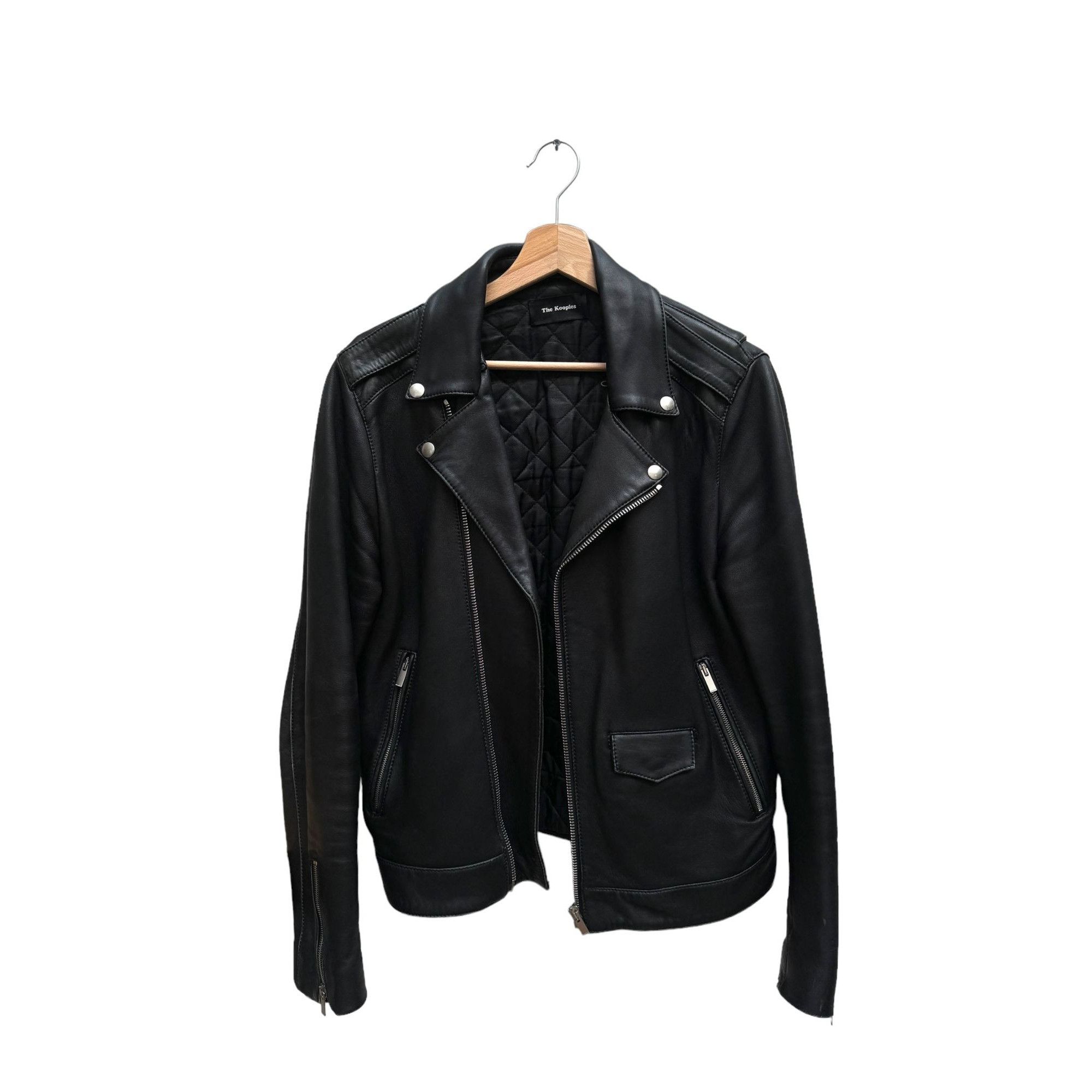 image of The Kooples Black Leather Biker Jacket, Men's (Size Small)