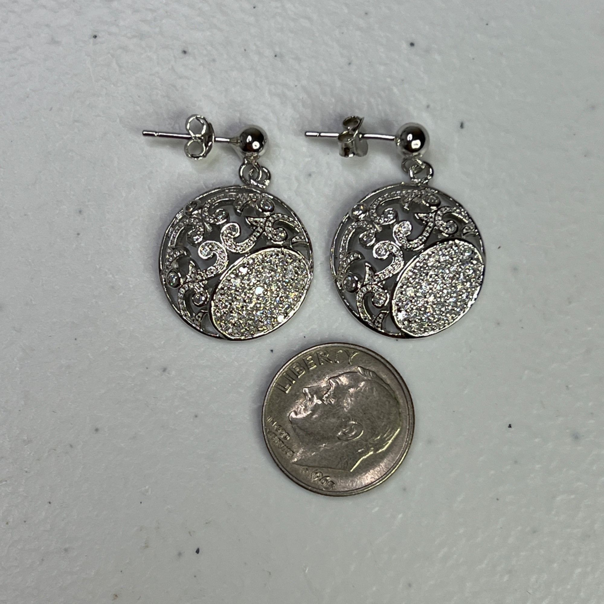 Designer Silver-Tone Filigree Oval Disc Drop Earrings With Sparkling Size ONE SIZE - 6 Thumbnail