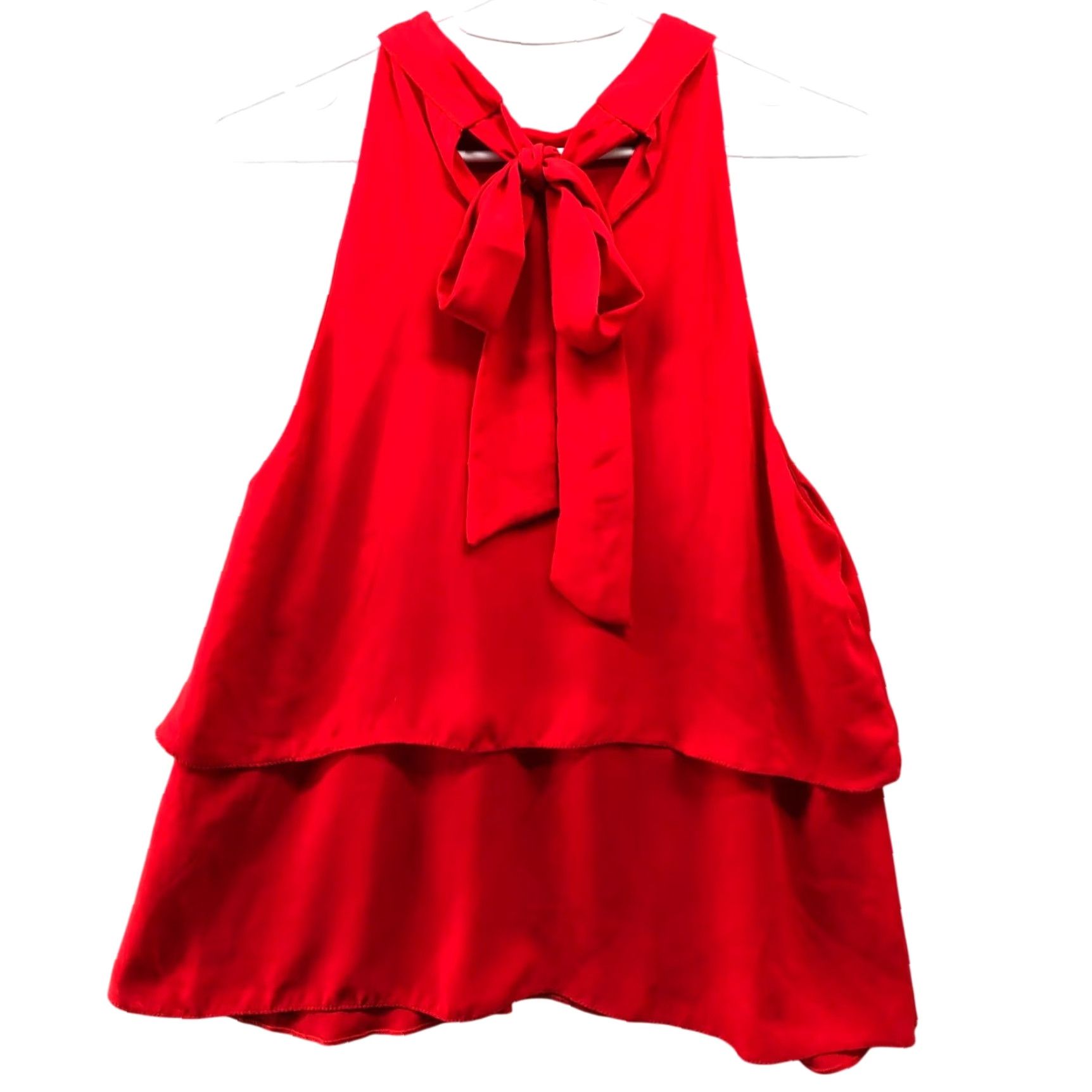 Zara Zara Blouse Sleeveless Womens S Red Tank Tiered Tie Neck Chiffon Polyester High Neck Casual Top Size S / US 4 / IT 40 - 2 Thumbnail