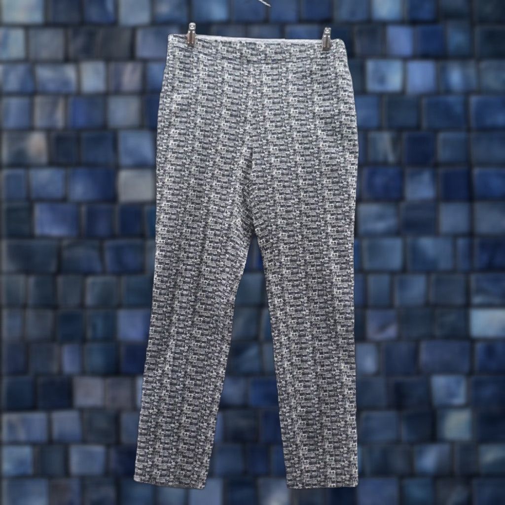 Akris Punto Womens Geometric Print Ankle Pants 6 Black Beige Side Zip Slim Leg Tapered Stretch City Preppy Luxury Business Casual Travel