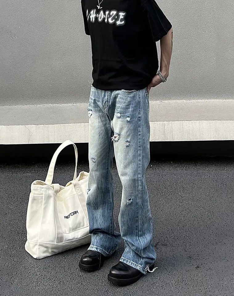 image of Vintage Ripped Jeans Trousers Tight Summer Flared Trousers Y2K 90’S in Blue, Men's (Size 30)