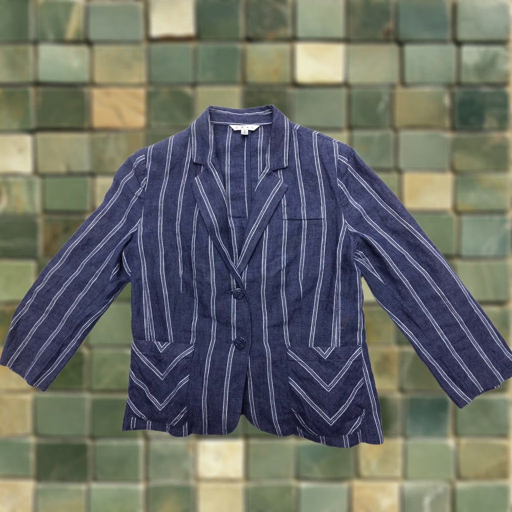 Vintage CAbi Nautical Stripe Lightweight 100% Linen Blazer Womens 8 Blue Shoulder Pads Blazer Linen Stripe Nautical Blue 8 Womens Size M / US 6-8 / IT 42-44 - 1 Thumbnail