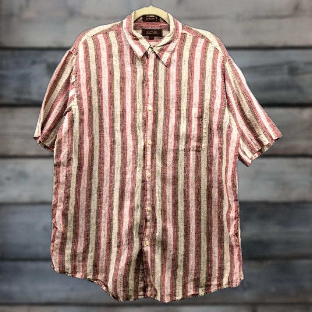 Tasso Elba Tasso Elba Linen Shirt Mens L Short Sleeve Button Up Striped Pink Brown Beach Holiday Ocean Collar Size US L / EU 52-54 / 3 - 1 Thumbnail