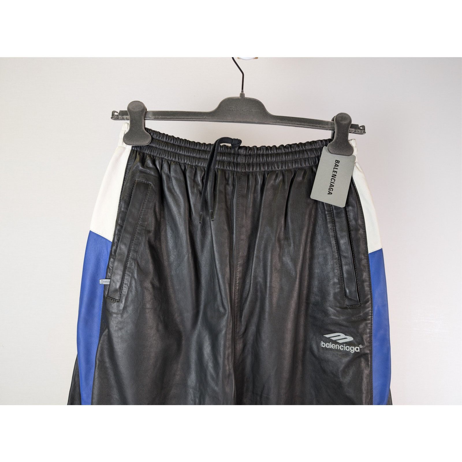 Balenciaga o1rshd1 Smooth Soft Leather Tracksuit Pants Black/Blue/White Size US 30 / EU 46 - 2 Thumbnail