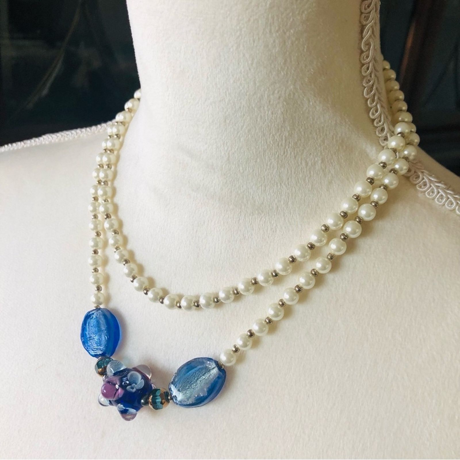 Handmade Handcrafted double strand white Czech Pearl necklace Size ONE SIZE - 1 Thumbnail