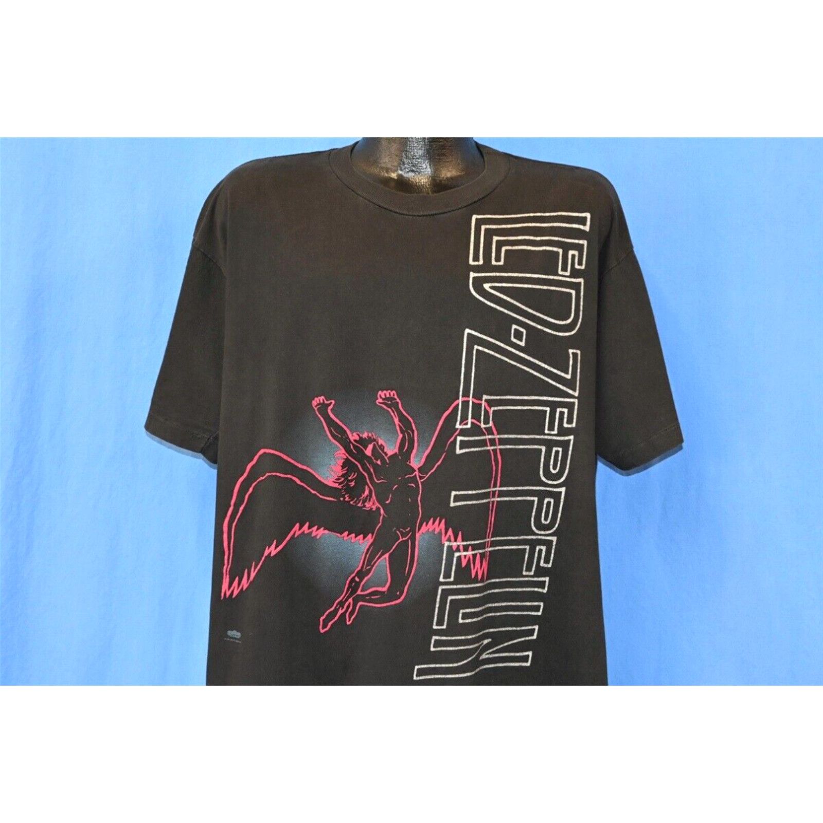 Image of Vintage 90's Led Zeppelin Icarus Swan Song Neon Big Print Rock Black T-Shirt XL in White, Men's