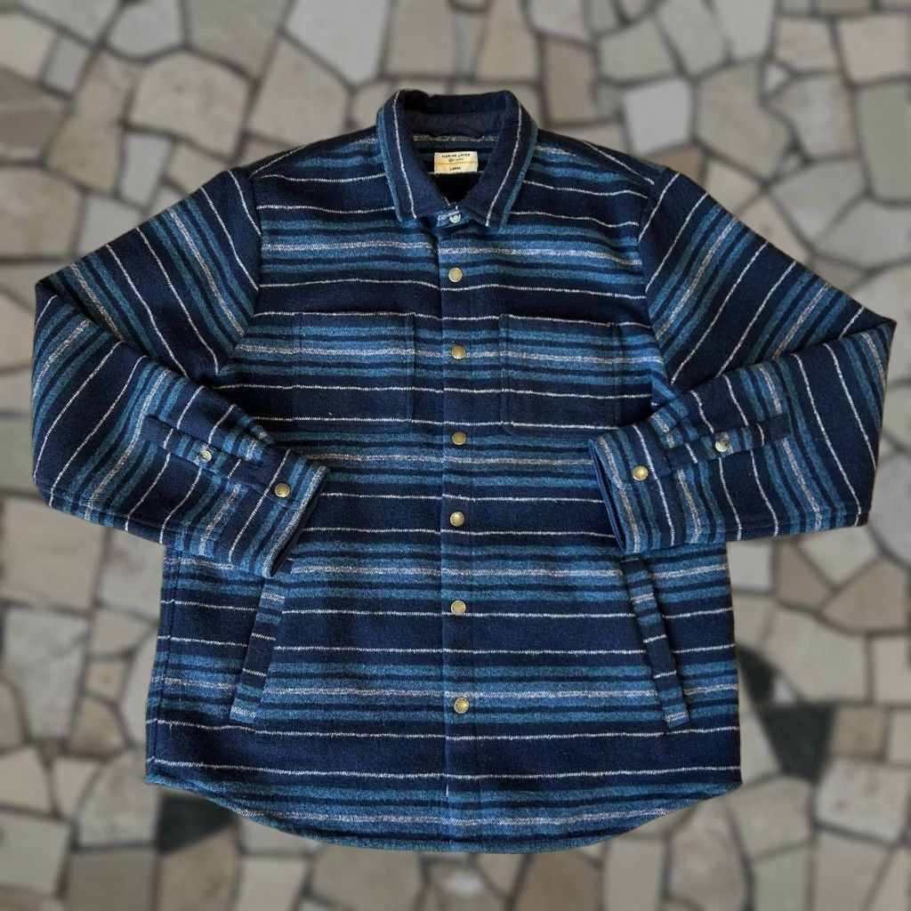 Marine Layer Marine Layer Shirt Jacket Striped Snap Dark Navy L Men's Regular Blue 100% Recycled Polyester Heavyweight Pockets Collared Button-Up Vintage No Size US L / EU 52-54 / 3 - 1 Thumbnail