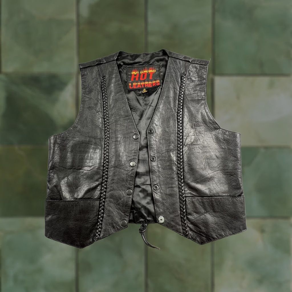 Vintage Hot Leathers Vest Mens M Black Leather Biker Braided Snap Laced Motorcycle Size US M / EU 48-50 / 2 - 1 Thumbnail