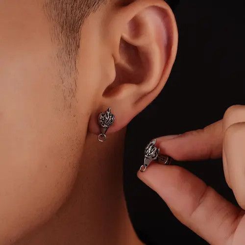 Jewelry Silver Flame Stud Earrings, Men's Gothic Accessories Size ONE SIZE - 6 Thumbnail