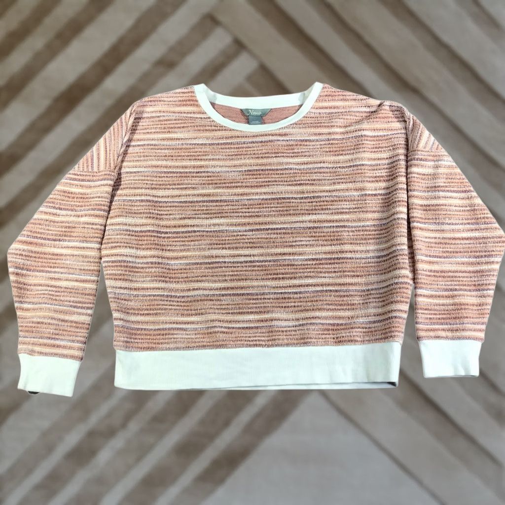 Vintage Natural Reflections Pink Striped Textured Pullover Sweatshirt Top Womens Large Size L Crew Neck Long Sleeve Casual Knit Lightweight Stretch Size L / US 10 / IT 46 - 1 Thumbnail