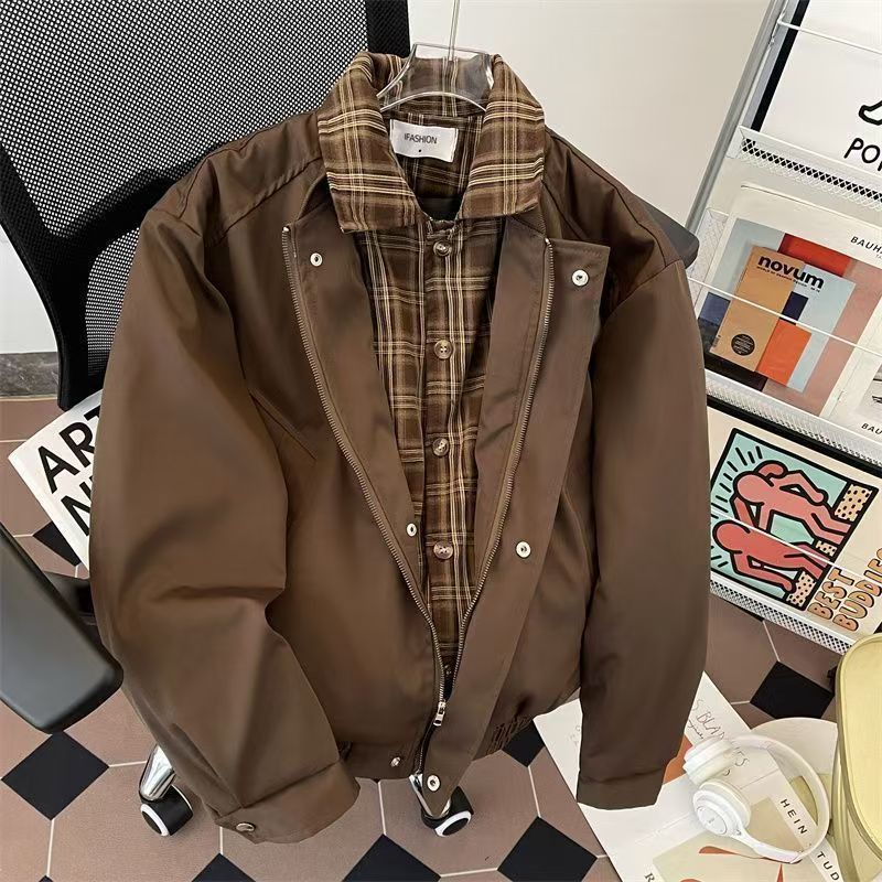 Vintage Brown Plaid Collar Fake Two-Piece Work Jacket Size US M / EU 48-50 / 2 - 3 Thumbnail