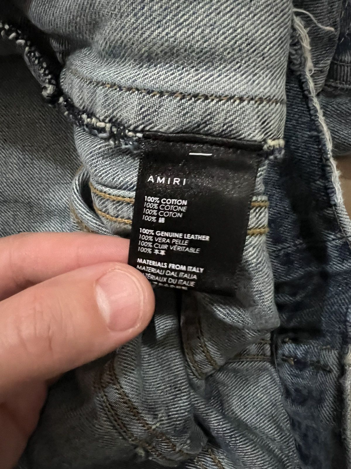 Amiri AMIRI Leather Trimmed Distressed Denim Jacket blue size XXL Size US XXL / EU 58 / 5 - 5 Thumbnail