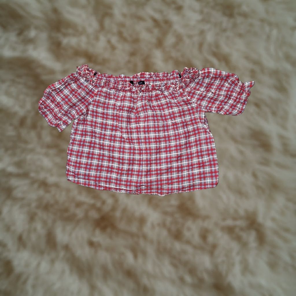 Tommy Hilfiger Tommy Hilfiger Shirt Womens Medium Red Plaid Off Shoulder Cropped Blouse Short Sleeve Ruffle Crew Neck Cotton Viscose Casual Size M / US 6-8 / IT 42-44 - 1 Thumbnail